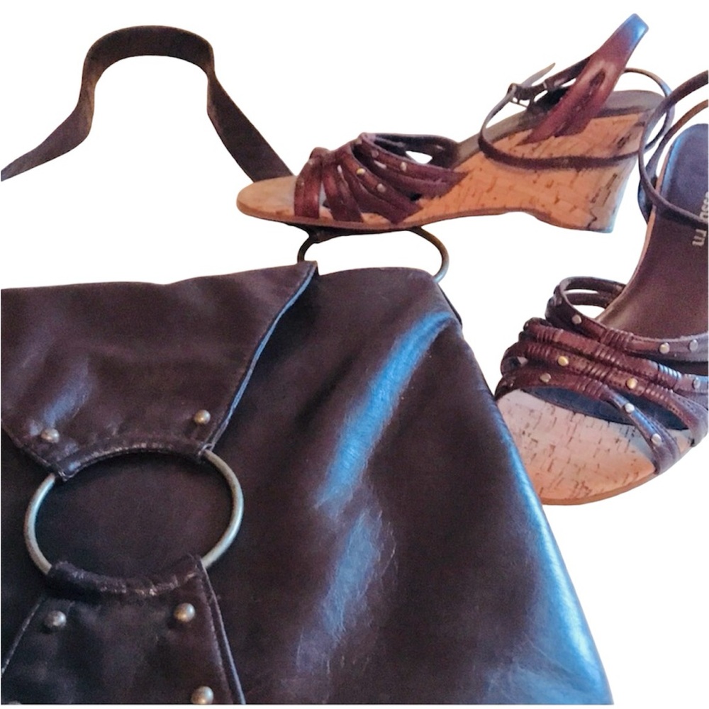 Dressbarn cork wedge hill sandals and brown hobo bag